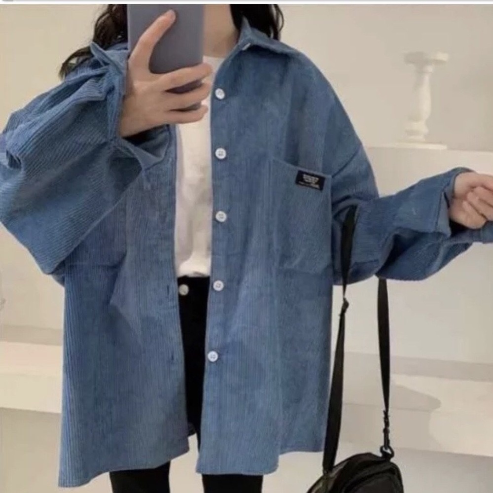 Corduroy shirt blue womens top button collar shirt